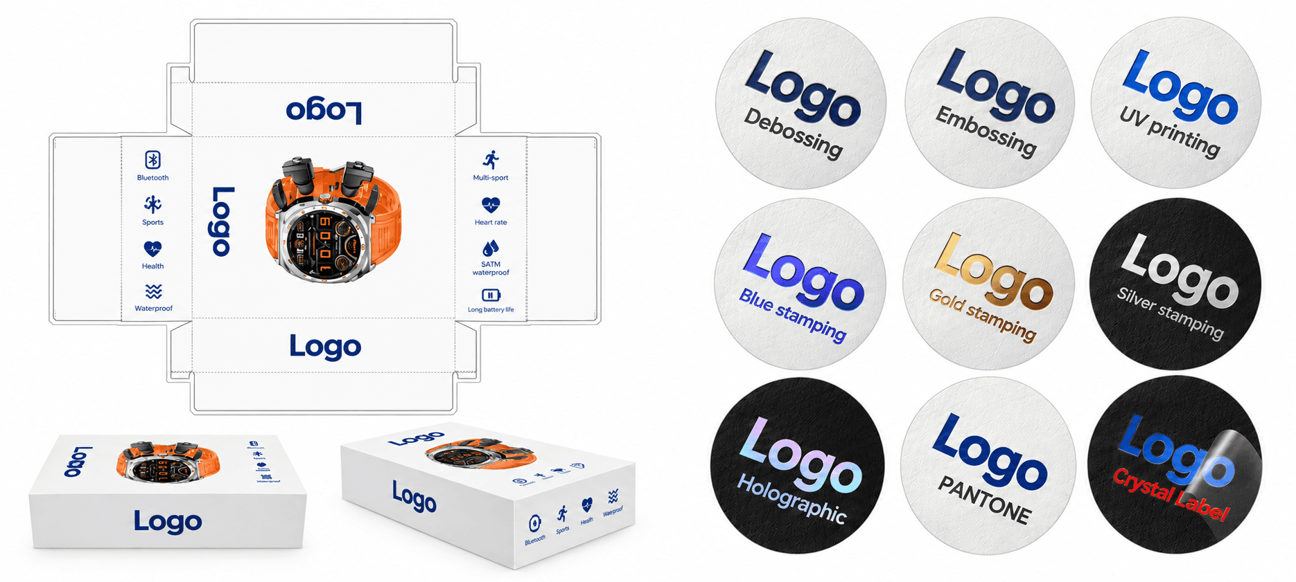 Custom retail packaging and Logo printing finish examples