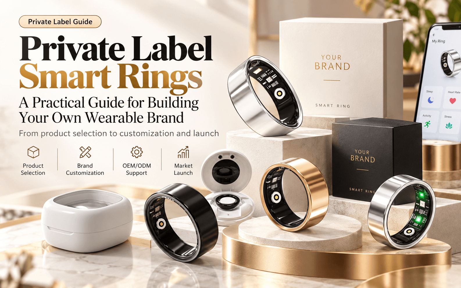 Private-label smart rings with custom branded packaging, charging cases, and companion app