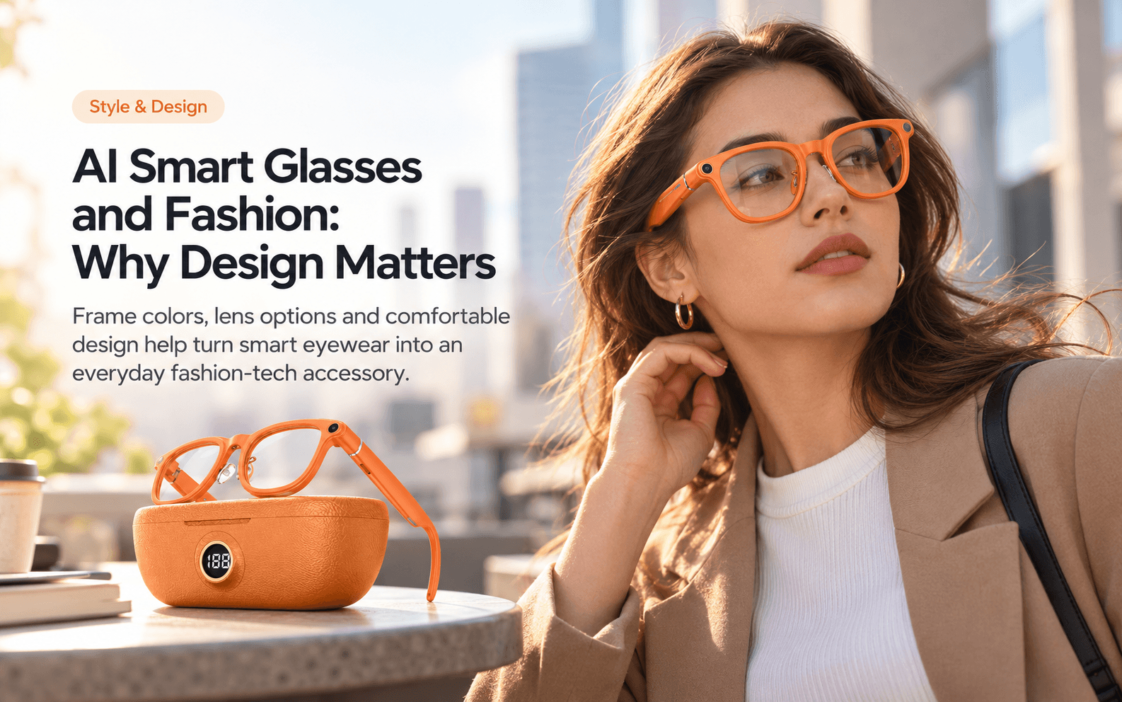 Woman wearing orange AI smart glasses beside matching glasses and an orange charging case