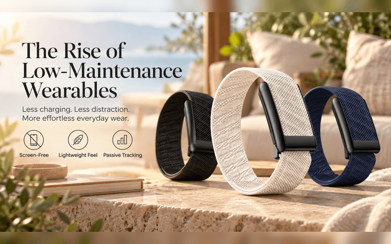 Three screen-free smart bracelets highlighting lightweight design and passive tracking