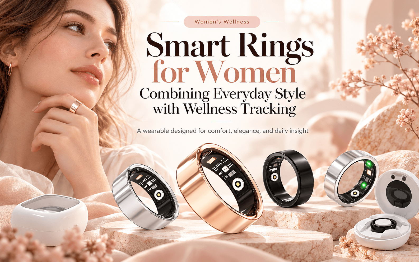 Woman wearing a rose-gold smart ring beside silver, black and rose-gold rings with charging cases