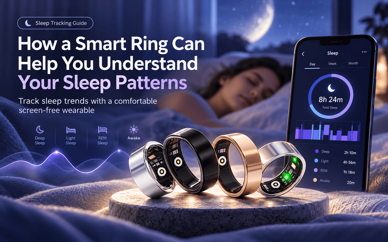 Smart rings beside a smartphone displaying illustrative sleep duration and sleep-stage data in a nighttime setting
