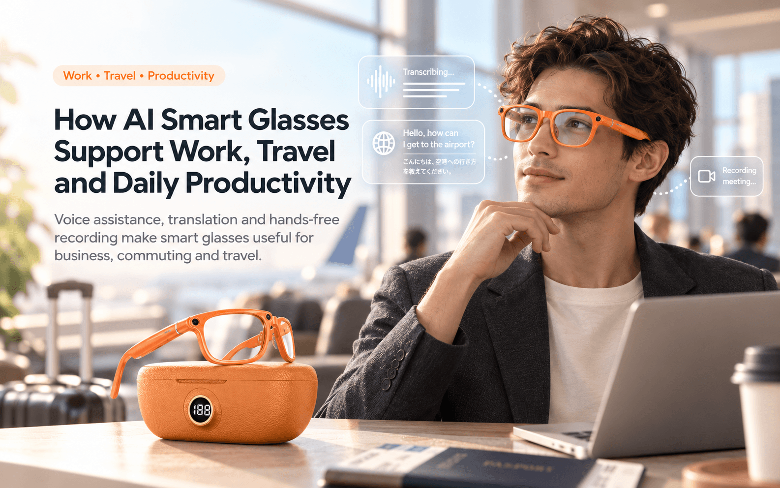 A traveler wearing orange AI smart glasses beside a laptop, with translation, transcription and meeting recording illustrations