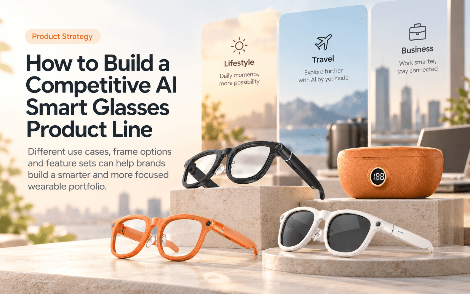 Black, orange and white AI smart glasses with an orange charging case and lifestyle, travel and business positioning graphics