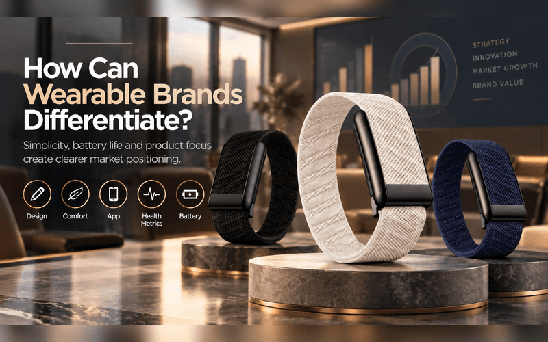 Three screen-free smart bracelets illustrating wearable brand differentiation through design, comfort, app experience, health metrics and battery life