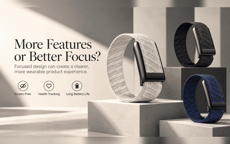 Three screen-free smart bracelets illustrating focused design, health tracking and long battery life