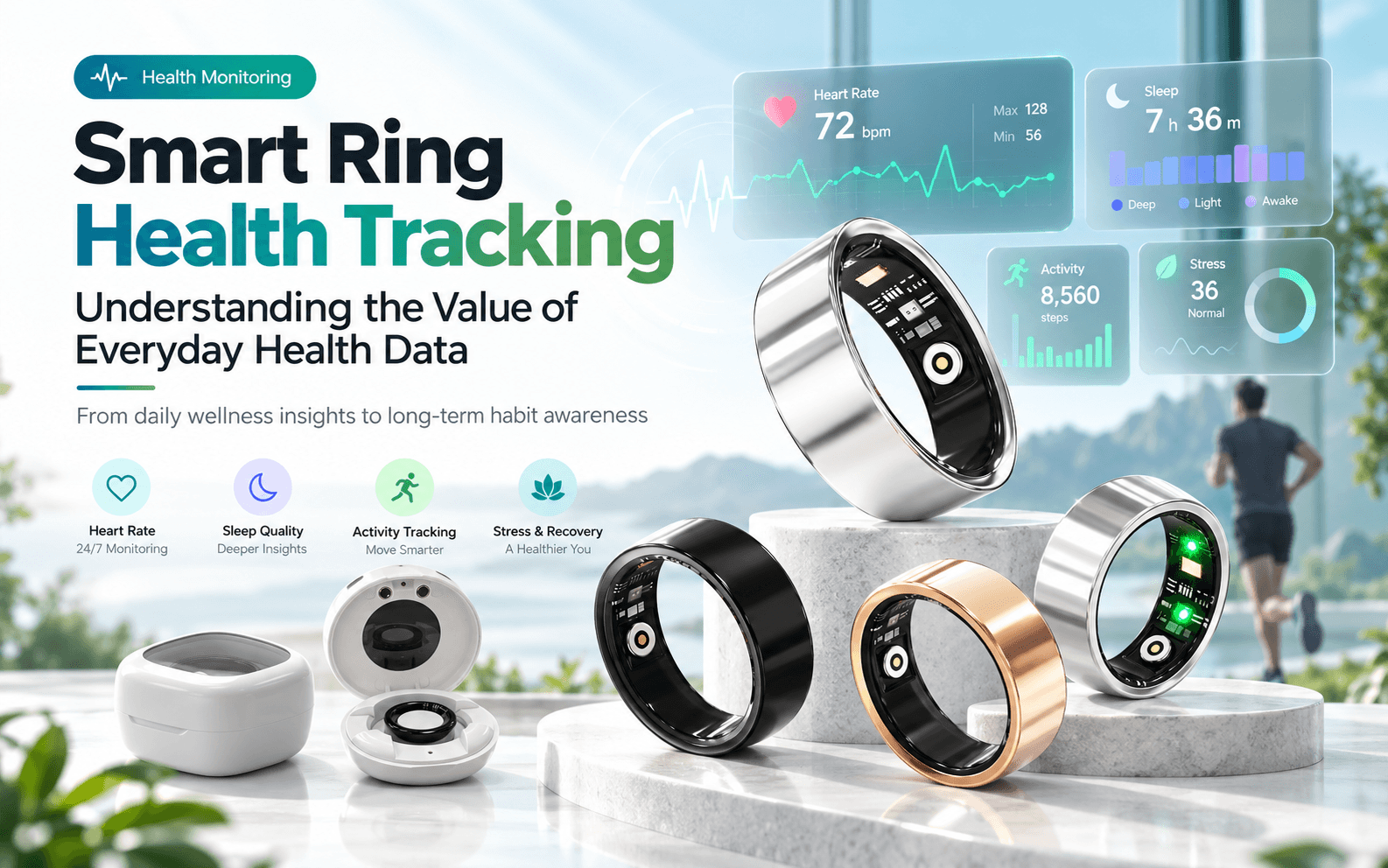 Smart rings and charging cases with illustrative heart rate, sleep, activity and stress data panels
