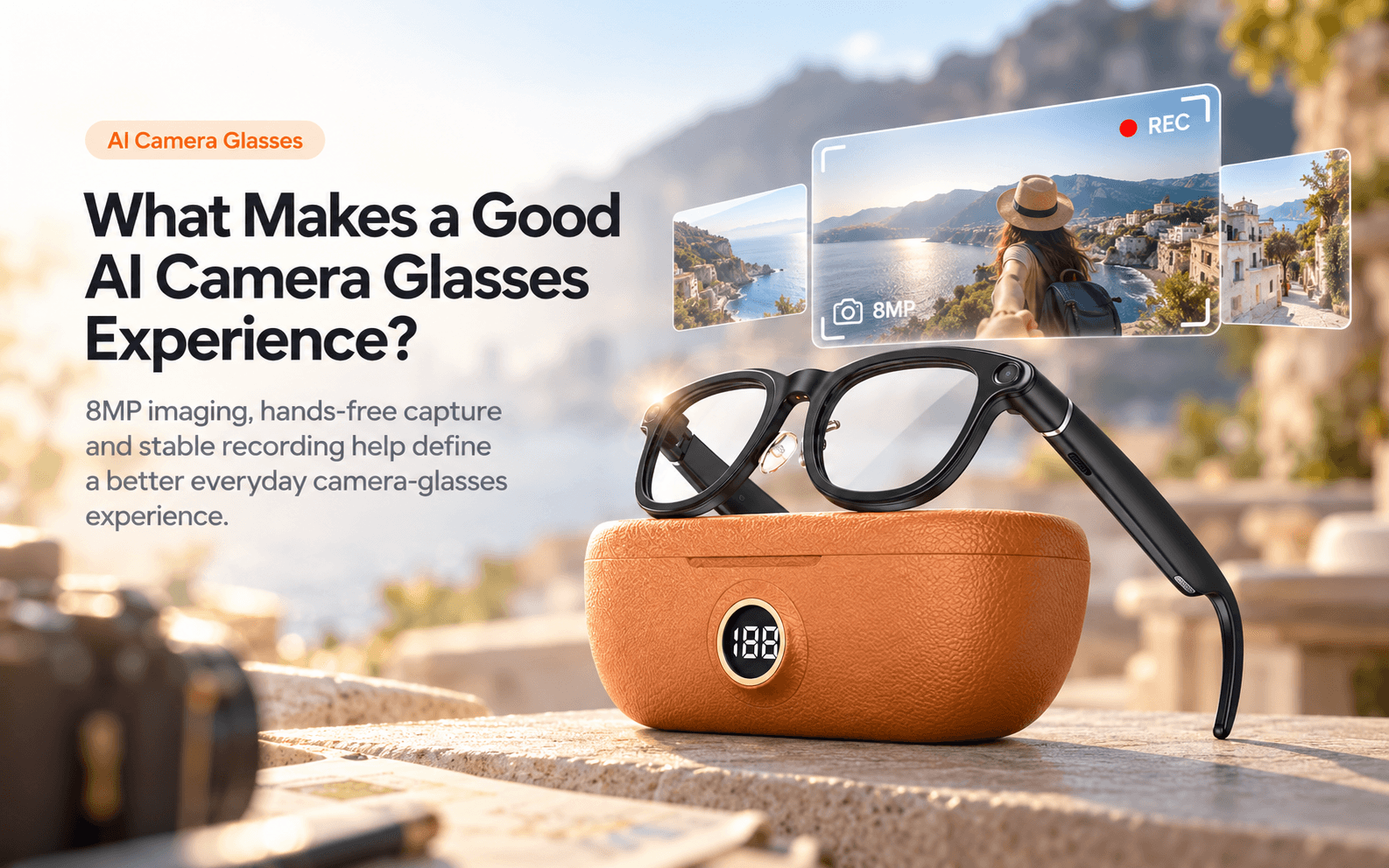 Black AI camera glasses with an orange charging case and first-person travel recording graphics