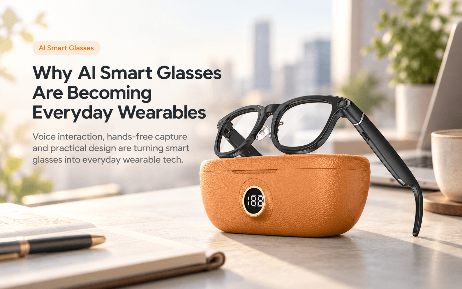 Black AI camera smart glasses resting on an orange charging case