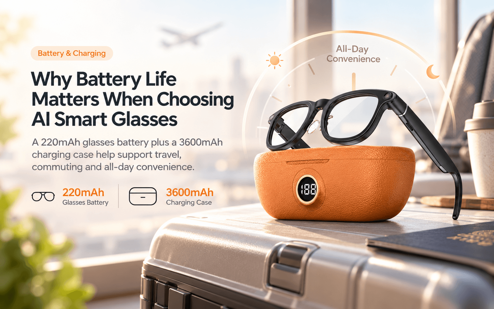 Black AI smart glasses and orange charging case illustrating 220mAh glasses battery and 3600mAh case capacity
