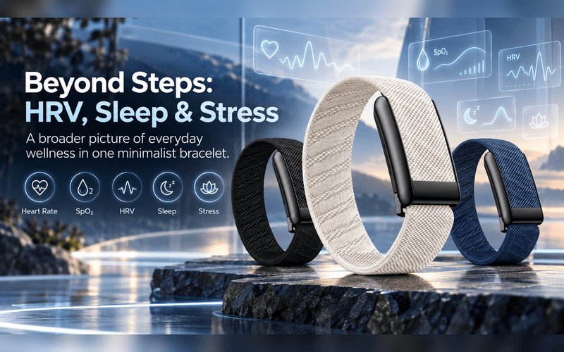 Three screen-free smart bracelets illustrating heart rate, blood oxygen, HRV, sleep and stress tracking