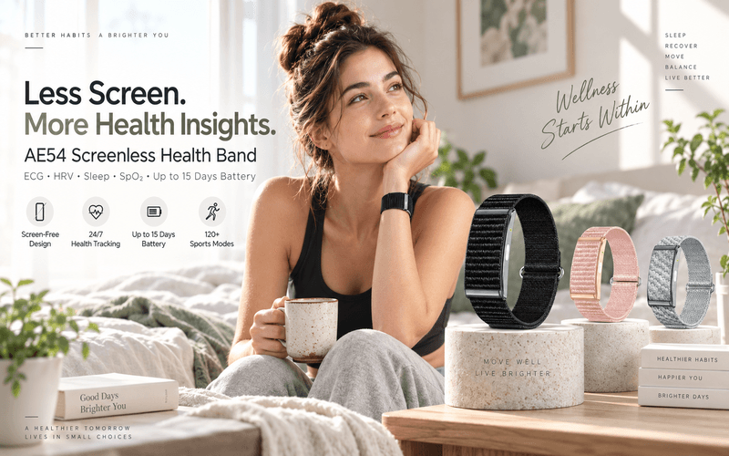 AE54 screen-free health band shown in black, pink, and gray