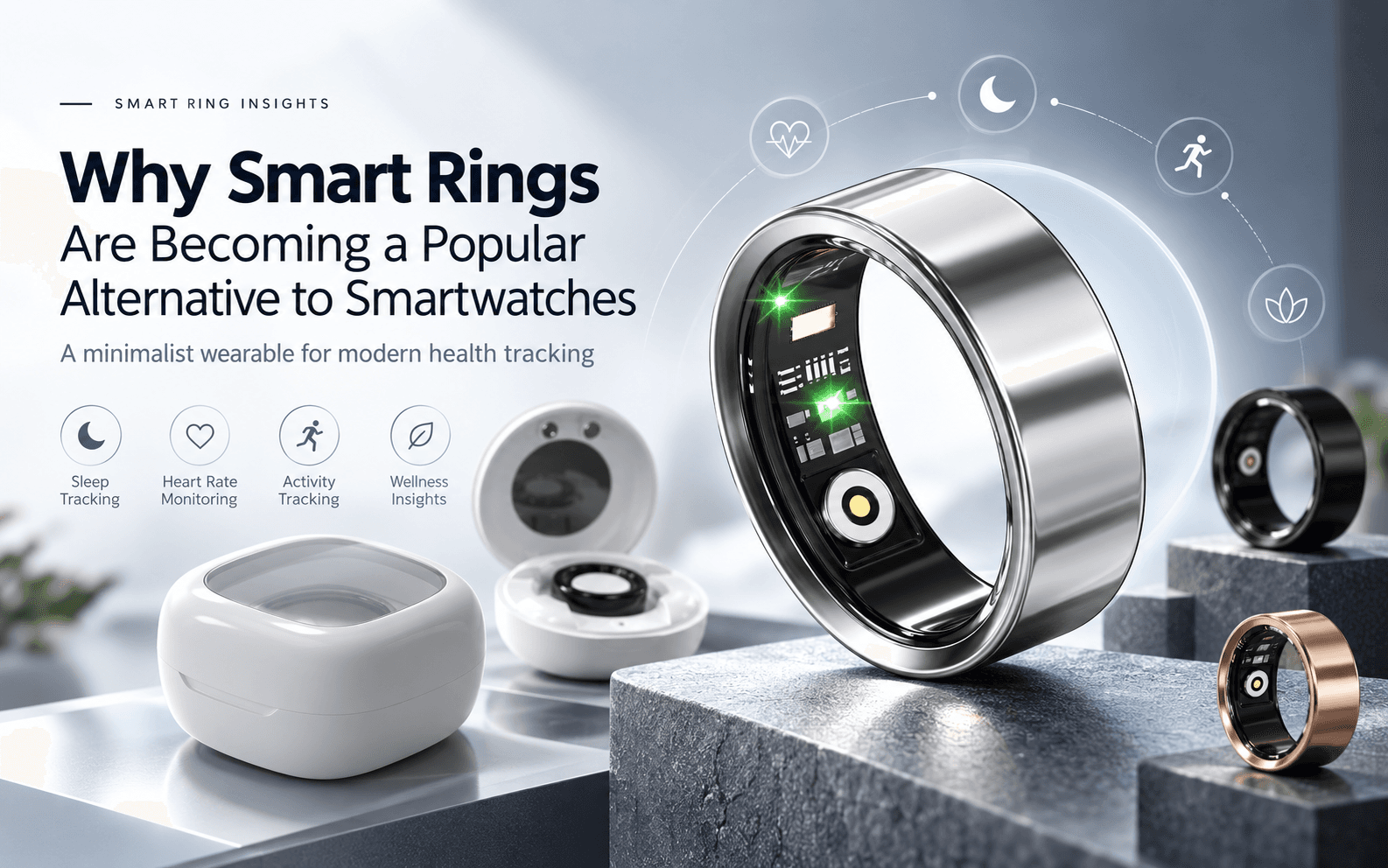 Silver, black and rose-gold smart rings with charging cases and wellness tracking illustrations