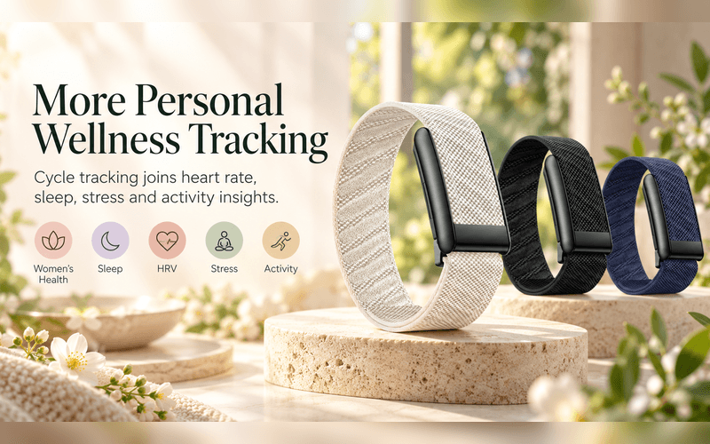 Three screen-free smart bracelets illustrating personalized wellness, cycle tracking, sleep, HRV, stress and activity