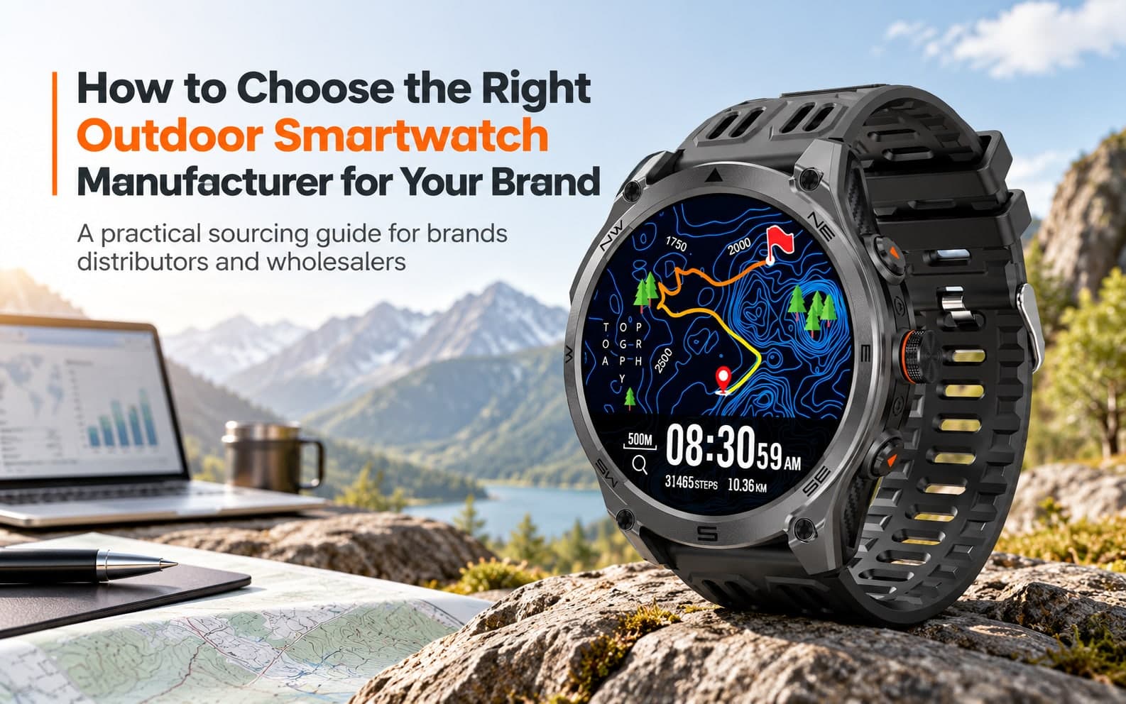 MA70 rugged outdoor smartwatch displayed against a mountain landscape for an outdoor smartwatch sourcing guide