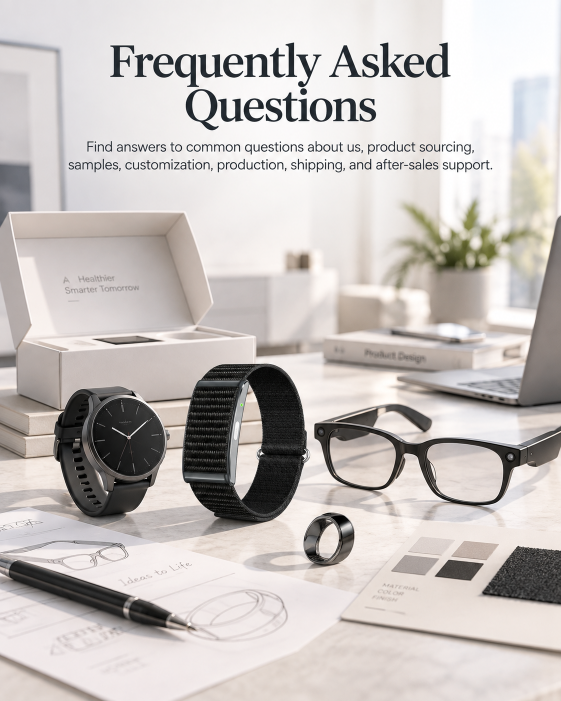 Frequently Asked Questions — answers about product sourcing, samples, customization, production, shipping and after-sales support