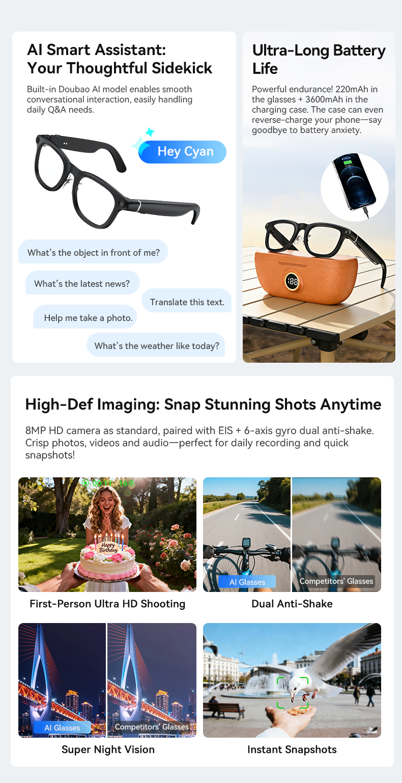 AI Smart Glasses with Camera Voice Assistant and Charging Case S900pro detail 1