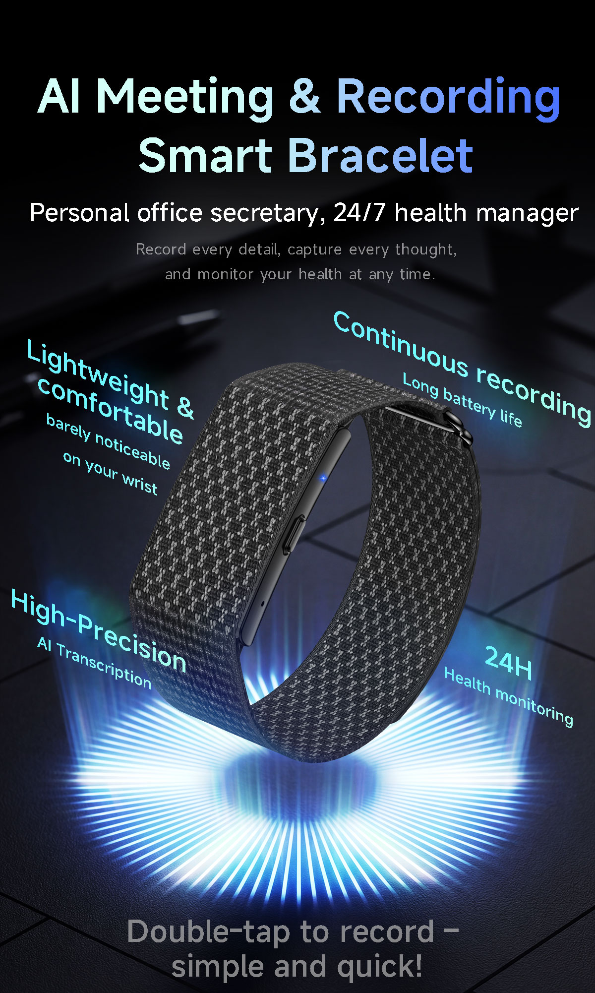AS100 screenless smart band with AI meeting recording and transcription