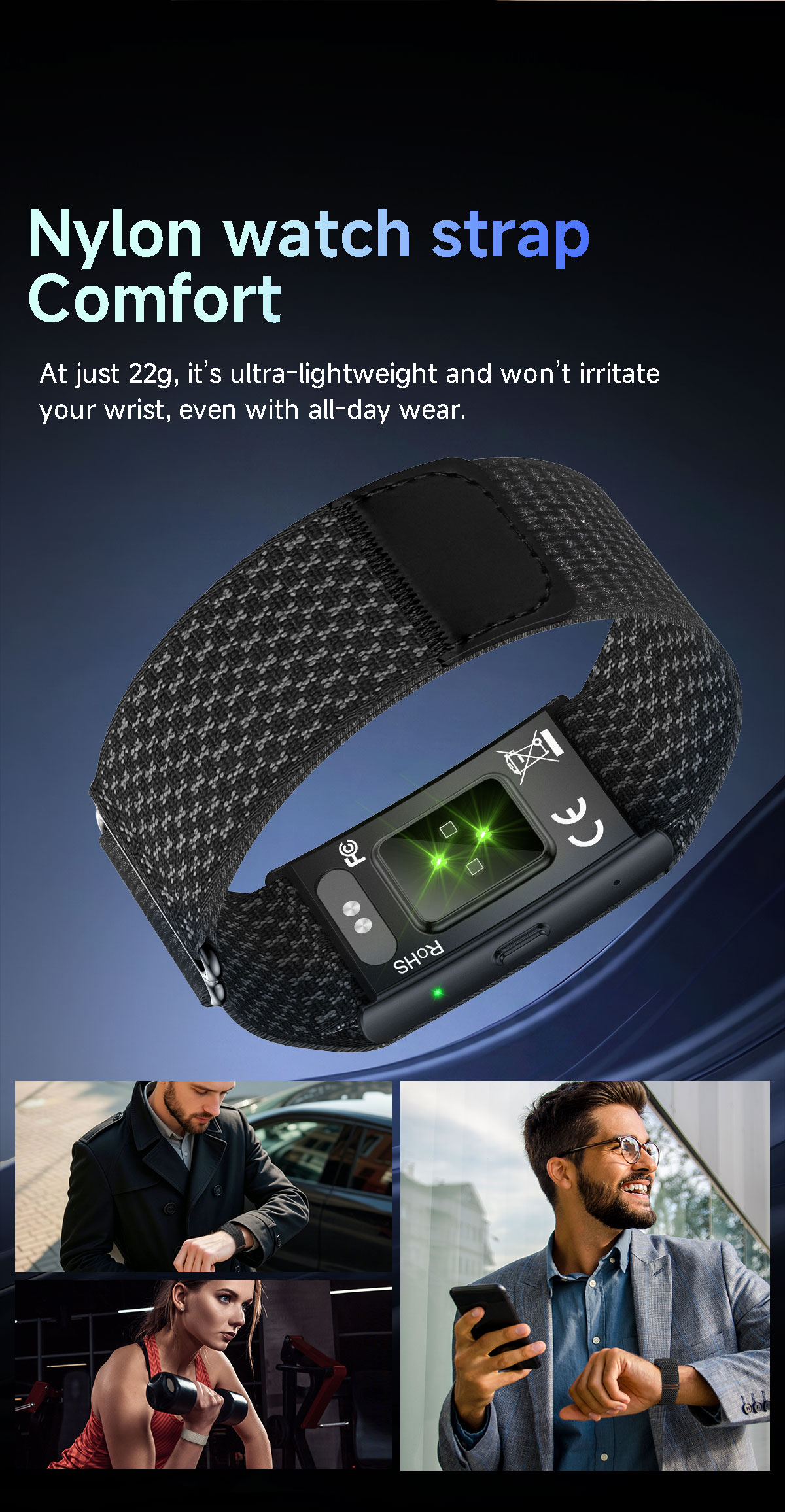 AS100 smart fitness band with a lightweight nylon strap