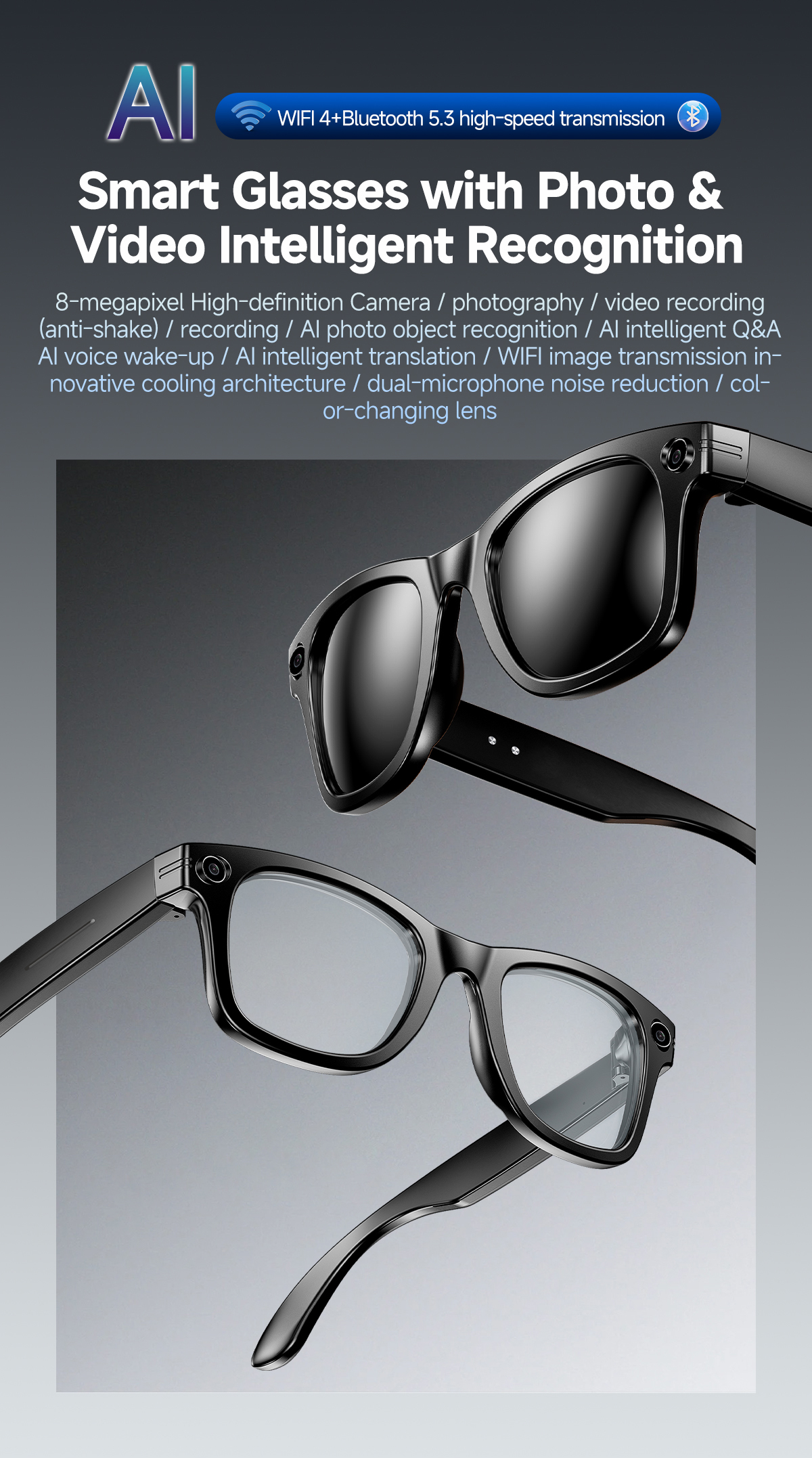8MP AI Camera Smart Glasses with AI Translation and WiFi S610T detail 1