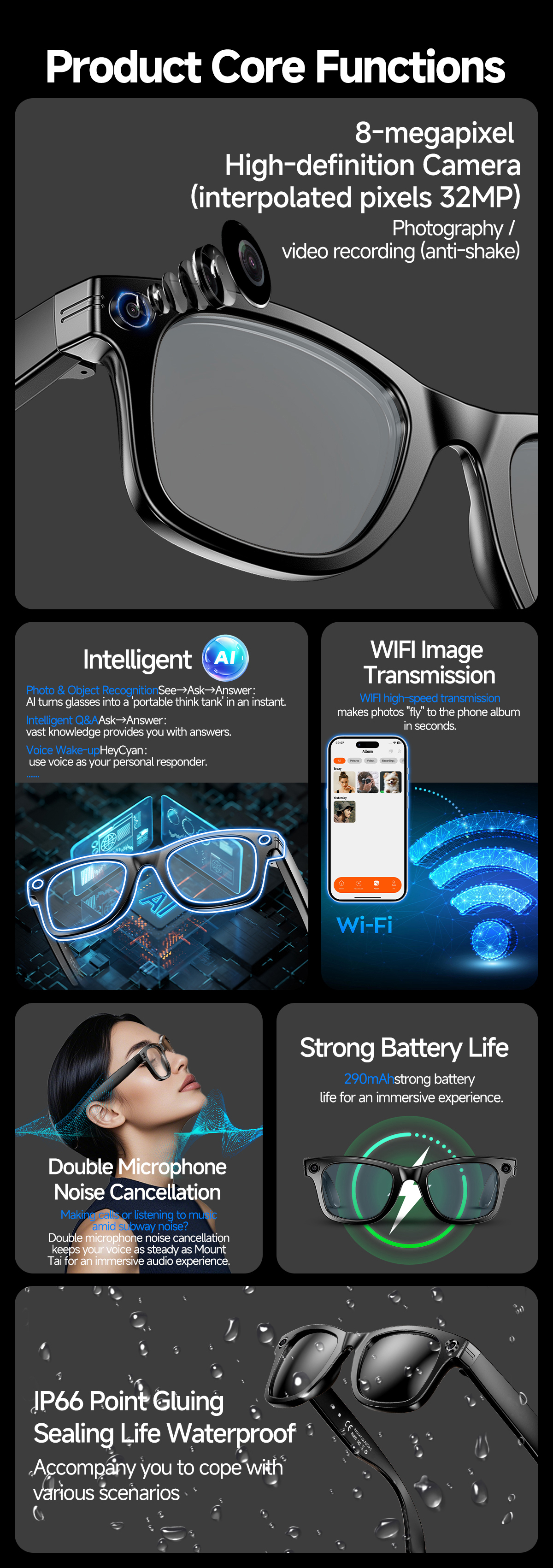 8MP AI Camera Smart Glasses with AI Translation and WiFi S610T detail 2