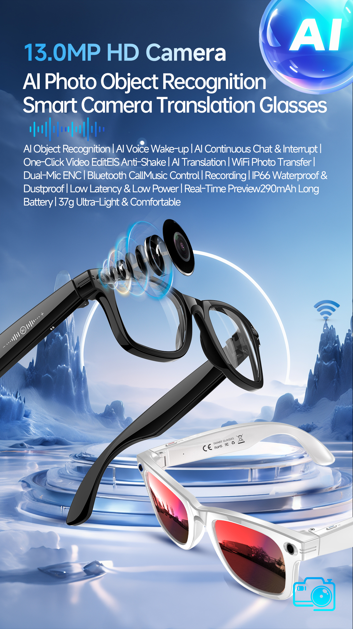 S620Pro 13MP AI Camera Smart Glasses with OIS Optical Stabilization AI Translation Voice Assistant and WiFi Transfer detail 1