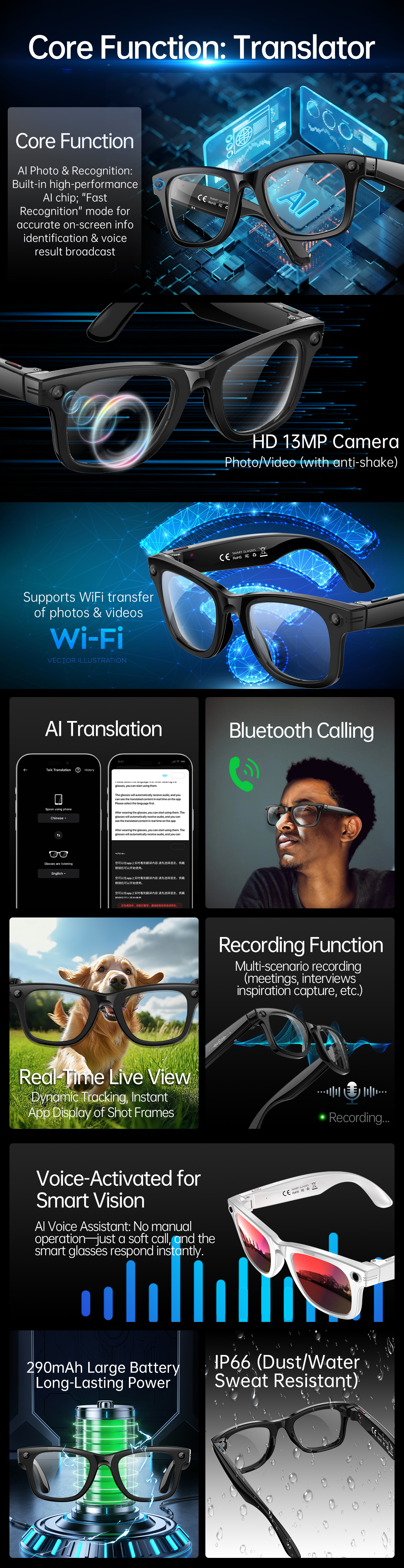 S620Pro 13MP AI Camera Smart Glasses with OIS Optical Stabilization AI Translation Voice Assistant and WiFi Transfer detail 2