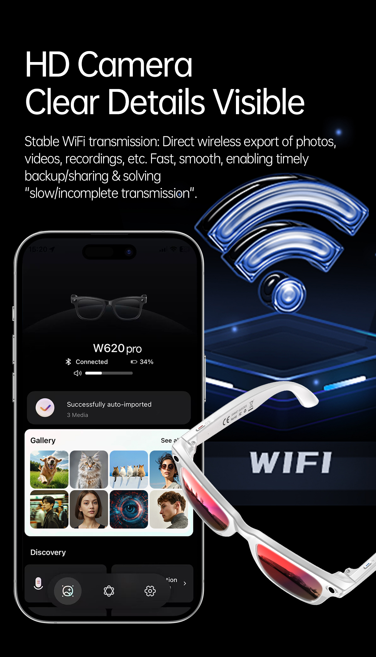 S620Pro 13MP AI Camera Smart Glasses with OIS Optical Stabilization AI Translation Voice Assistant and WiFi Transfer detail 6